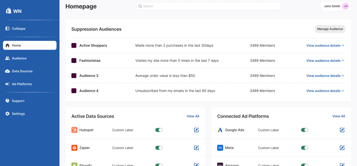 WasteNot suppression audiences dashboard showing connected data sources and ad platforms.